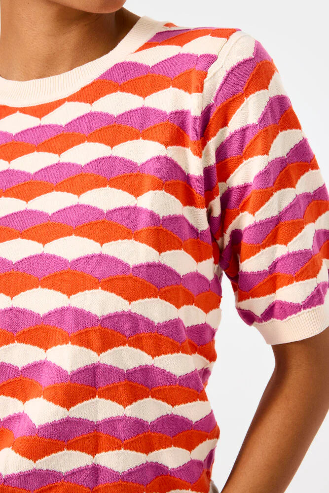 Close-up of a colorful patterned shirt with red, pink, and white colors.