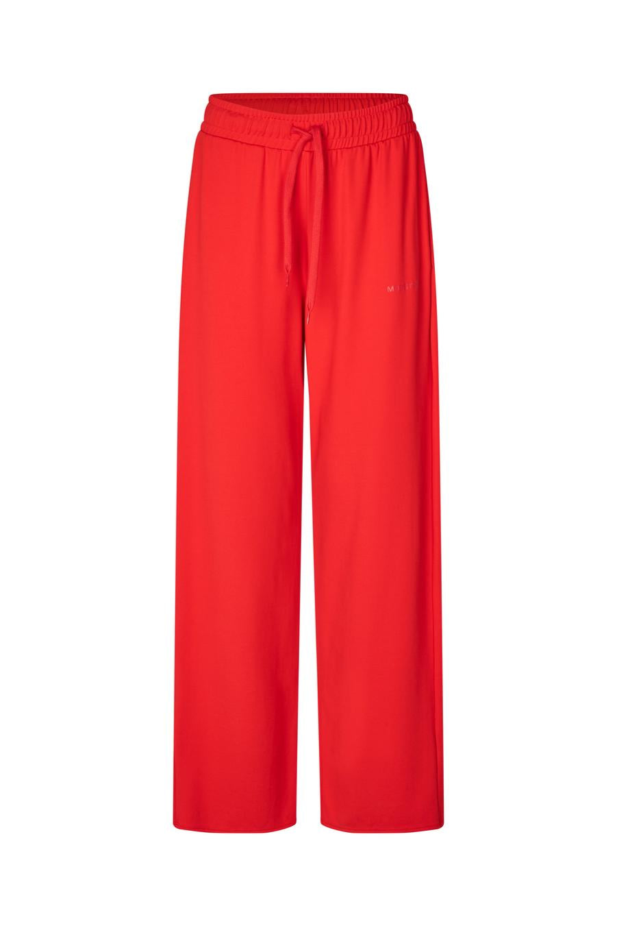 Red wide leg track pants with draw string waist on a white background