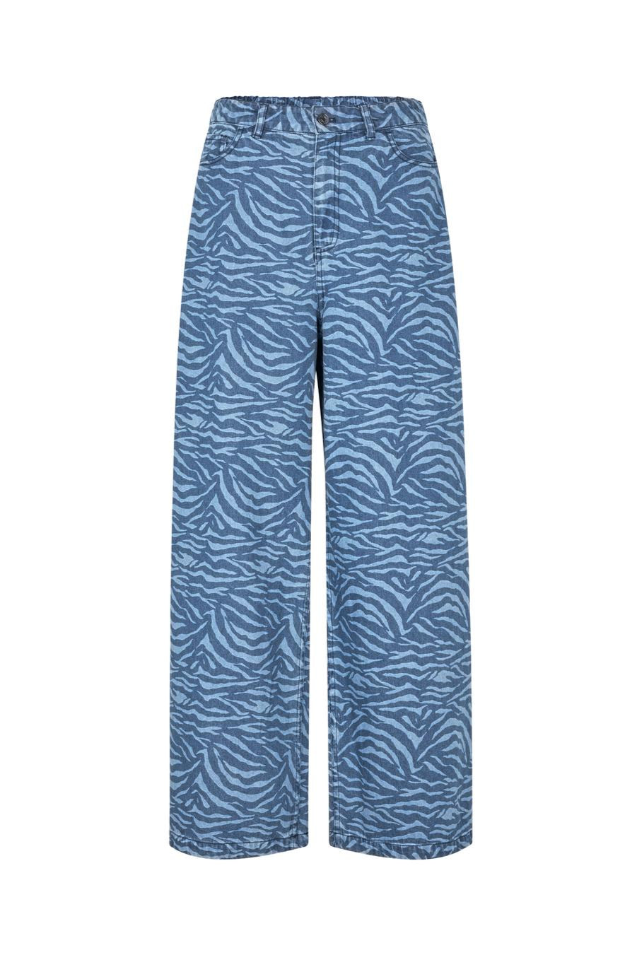 Blue zebra-patterned jeans on a white background