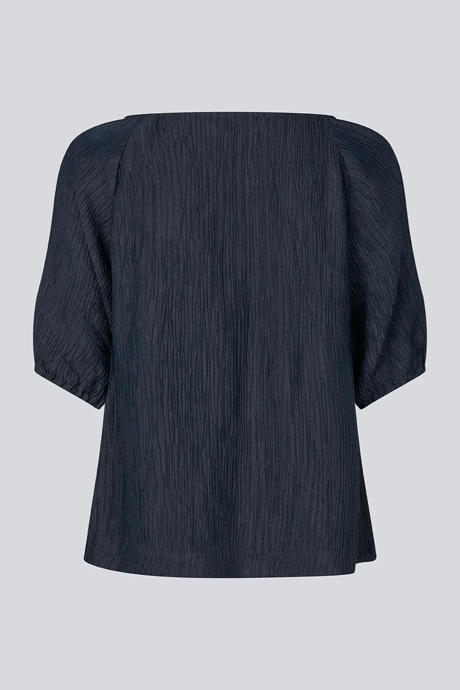 Dark Navy off-shoulder short sleeve top on a light gray background