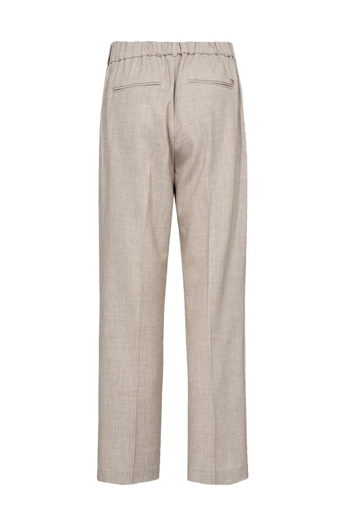 Beige straight leg pant with front pleats and elasticated waist on a white background.