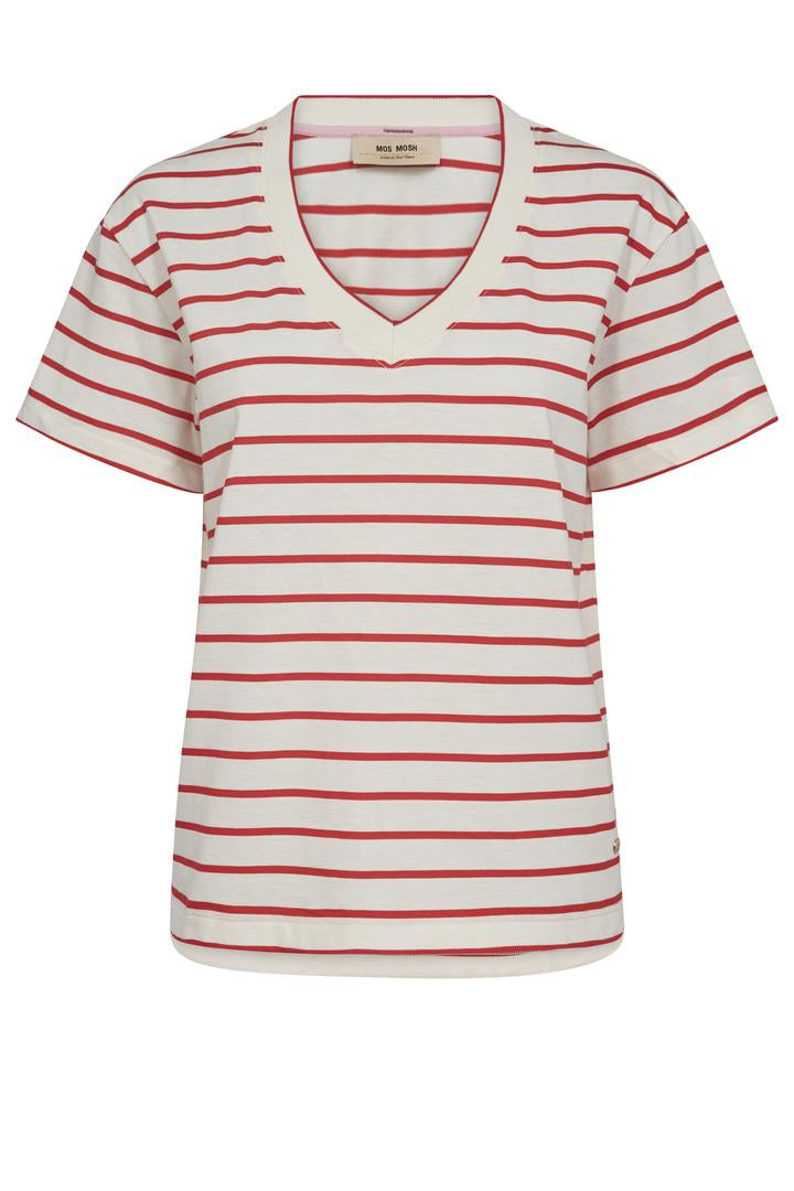 Red and white striped v neck t-shirt on a white background