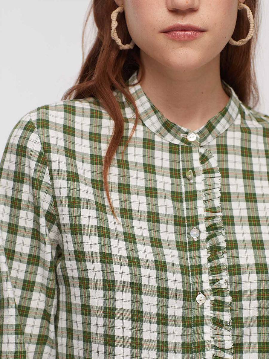 Nice Things Paloma Ruffle Checked Shirt Forest Green