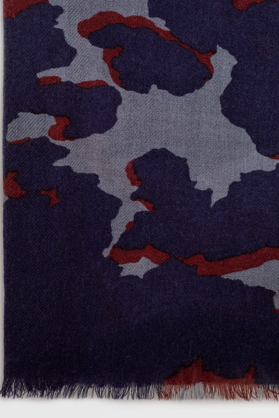 Splash print scarf with navy grey and burgundy colours.