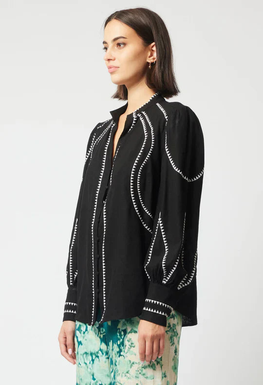 Once Was Meridian Placement Embroidered Linen Shirt - Black