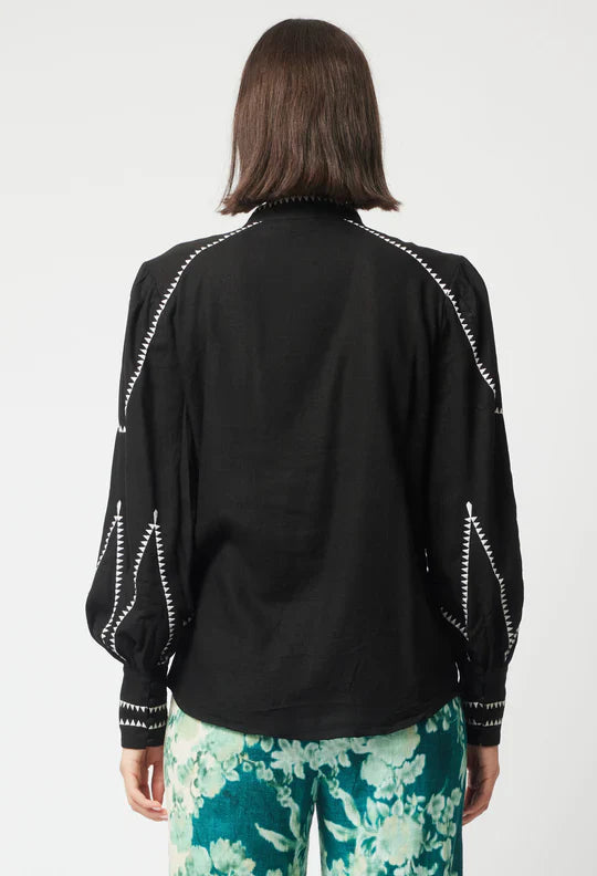 Once Was Meridian Placement Embroidered Linen Shirt - Black