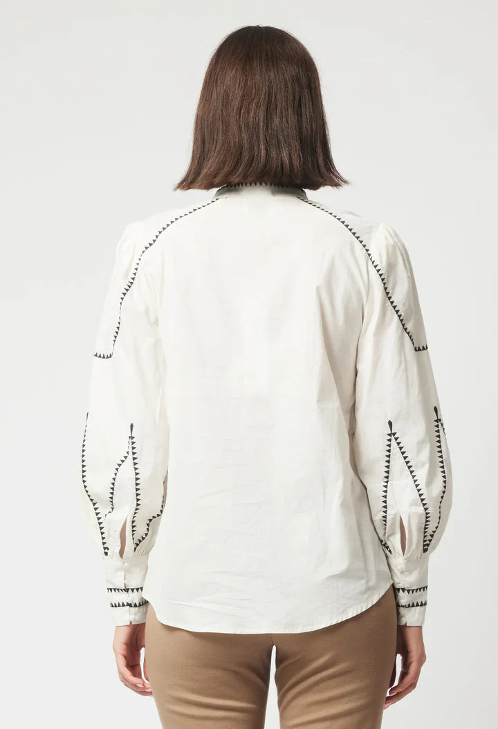 Once Was Meridian Placement Embroidered Linen Shirt - Porcelain