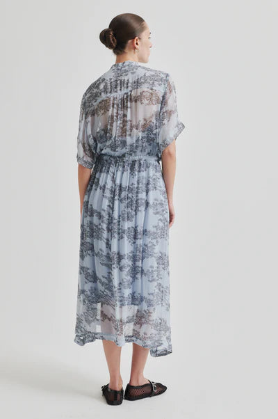 Model wearing a blue sheer floral dress with cap sleeve and print.