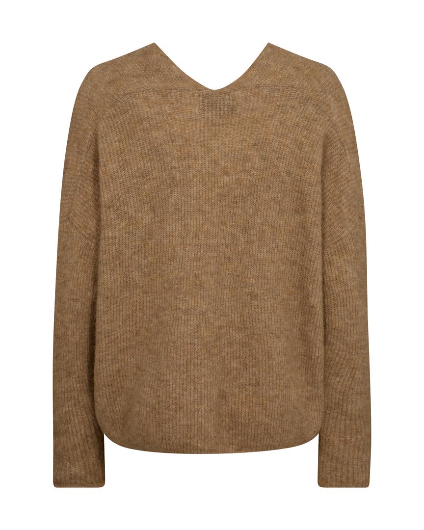 V Neck long sleeve sweater in tan with over size fit and rib detail.