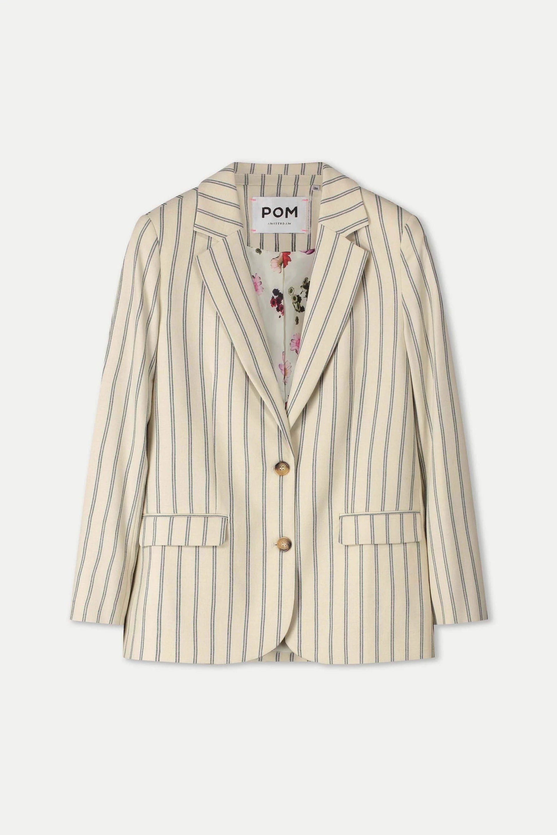 Striped blazer with 'POM' branding on a white background