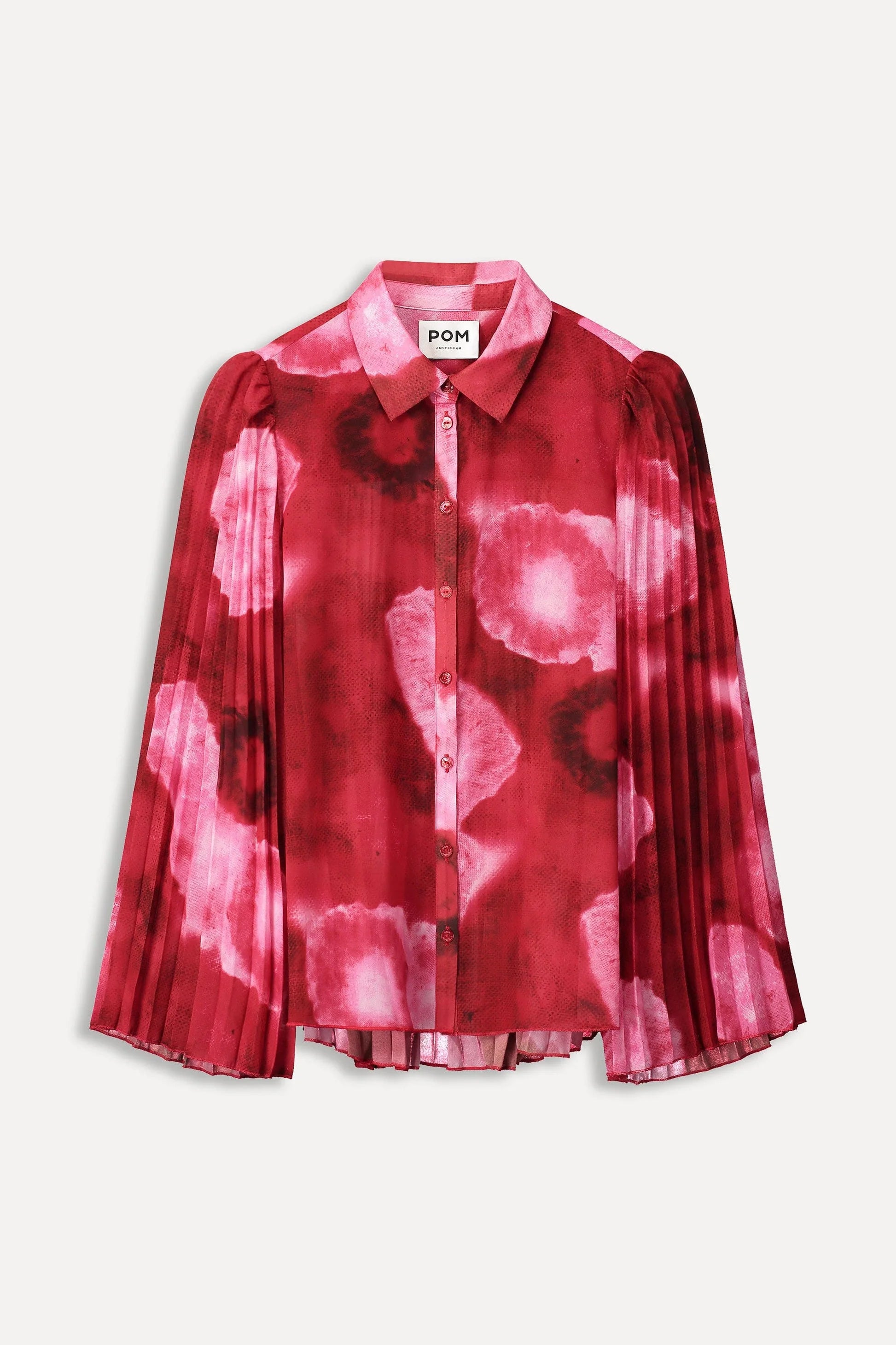 long sleeve red and pink floral shirt with wide sleeves on a plain background.