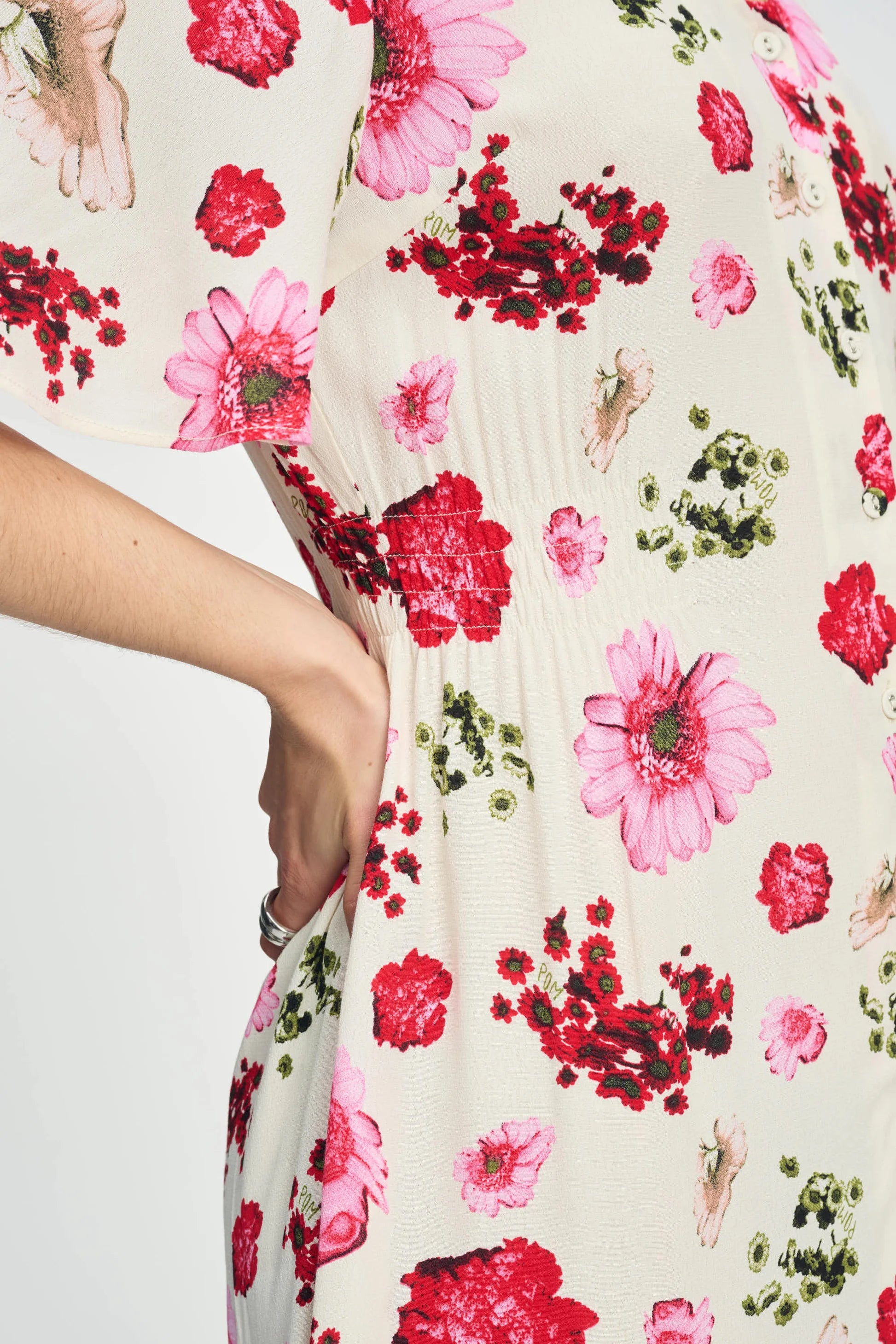 floral short sleeve midi dress on a white background