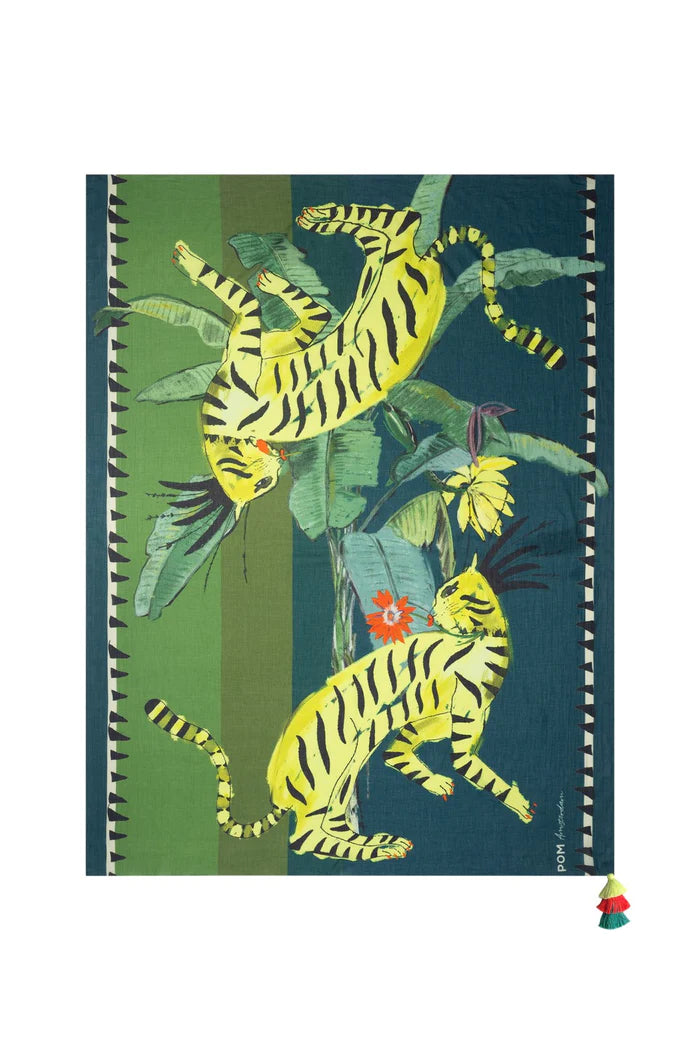 100% cotton scarf in 3 shades of green, has 2 yellow tigers on the front of a banana plant.  Tassel in pink, green and yellow,. 