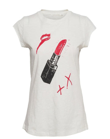 Off White Soft Organic Tee defined by a cool red lipstick print