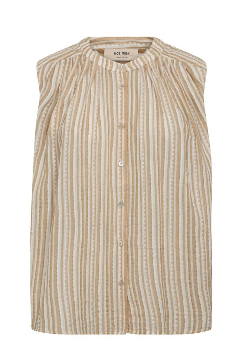 A sleeveless button-front top with vertical beige and cream stripes, featuring a round neckline and small decorative buttons down the front. The brand name 'VON WEIS' is visible on the inner neck label.