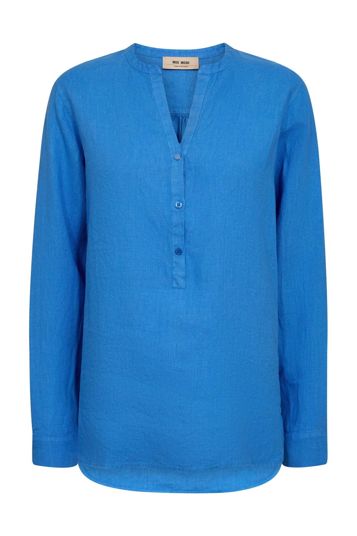 Blue long-sleeve linen shirt on a white background