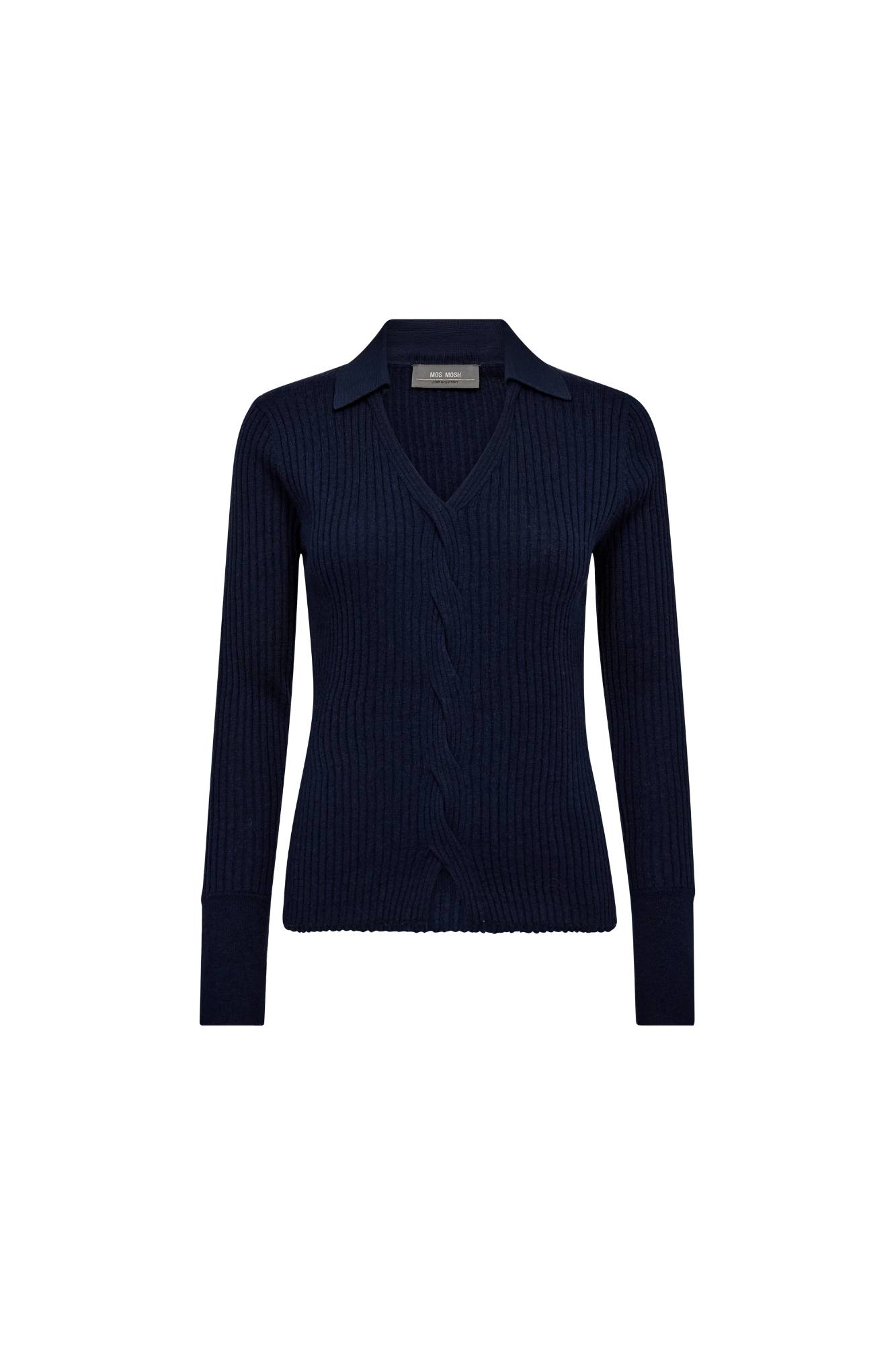 Navy blue polo ribbed sweater on a white background