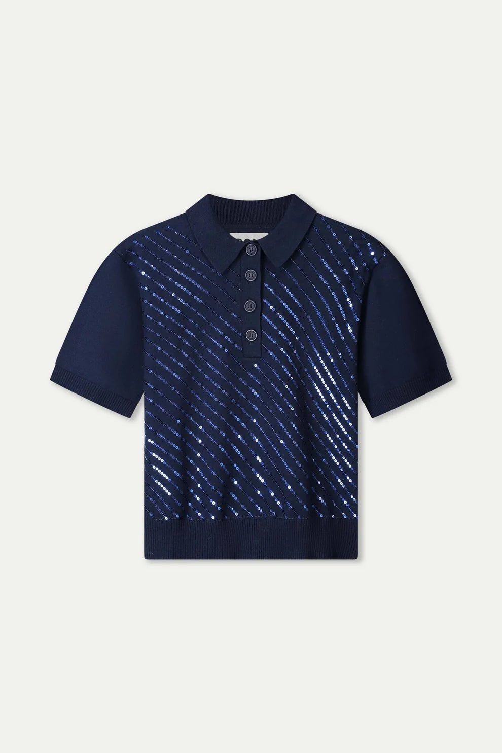 Navy short sleeve polo top with sequinned detail on a plain background. 