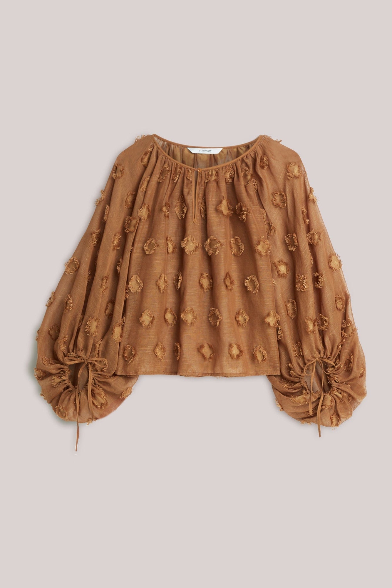 Cinnamon blouse with floral embroidery and balloon sleeves on a light  background
