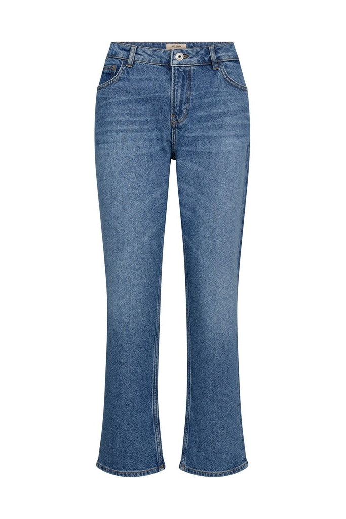 A pair of medium-wash blue denim jeans with a straight-leg or slightly flared silhouette, shown against a plain white background.