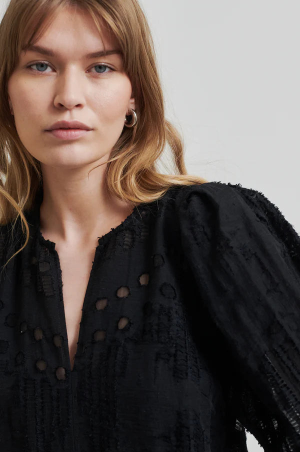 Intricate woven black midi dress with v neck and puff sleeves close up on model. 