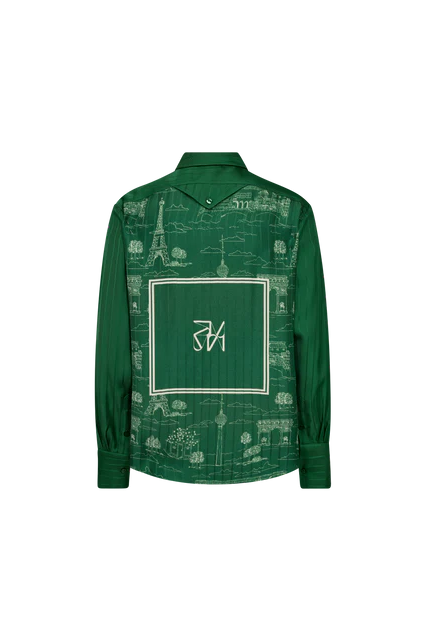 Green shirt with a pattern and logo on a white background