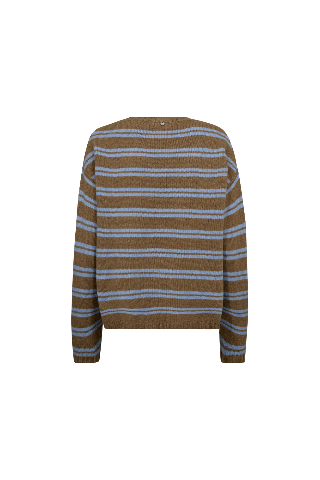 Striped sweater with brown and blue pattern on a white background