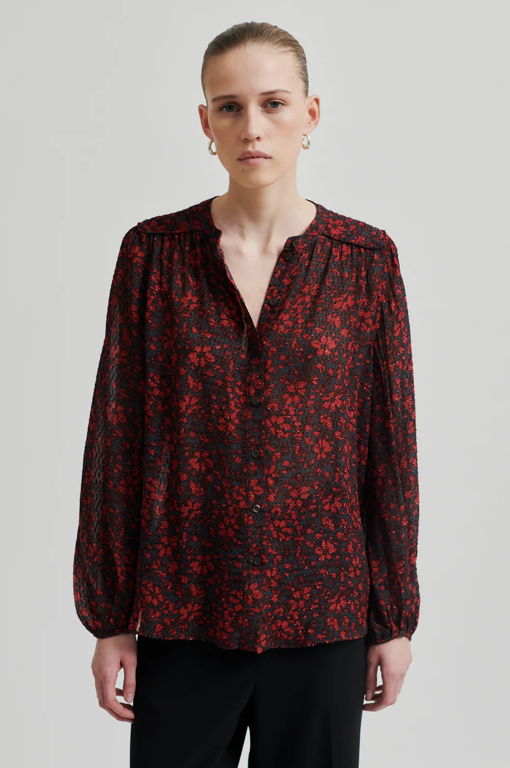 Loose fitting semi sheer shirt with pattern. Red and Black tonal. 