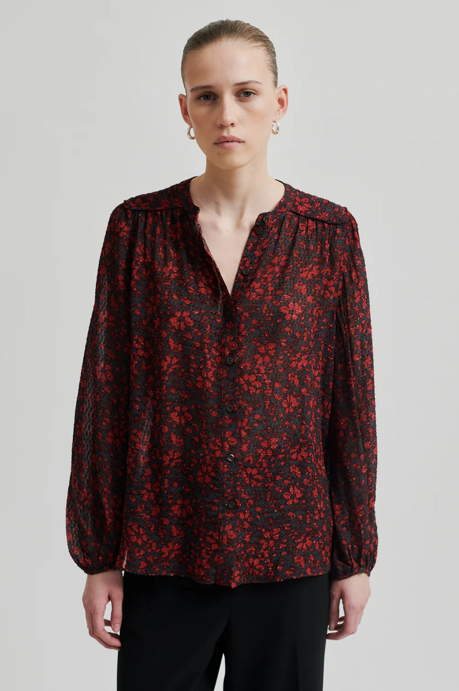 Loose fitting semi sheer shirt with pattern. Red and Black tonal. 