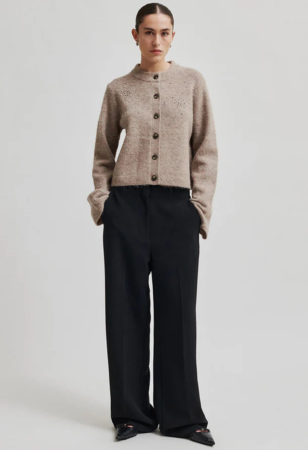 Classic Wide Leg Black Trouser Featuring a concealed zip, hook and button closure at the front