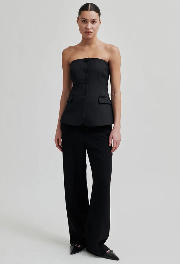 Classic Wide Leg Black Trouser Featuring a concealed zip, hook and button closure at the front