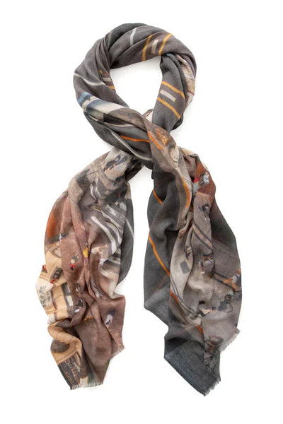 Oversize wool scarf in soft pastel and brown tone pattern.  Flat Lay. 