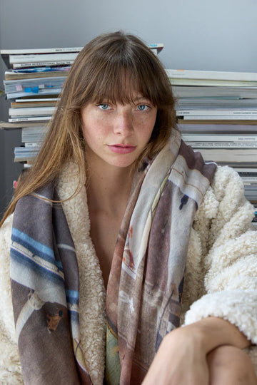 Oversize wool scarf in soft pastel and brown tone pattern. 