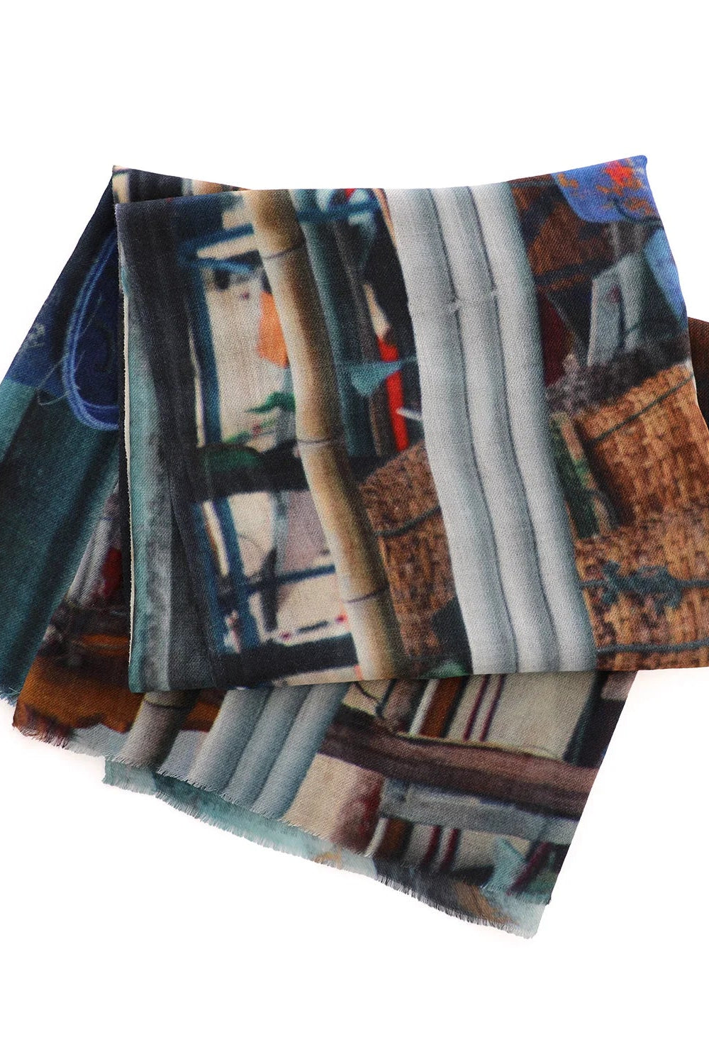 Colourful scarf fabric  with various patterns on a white background