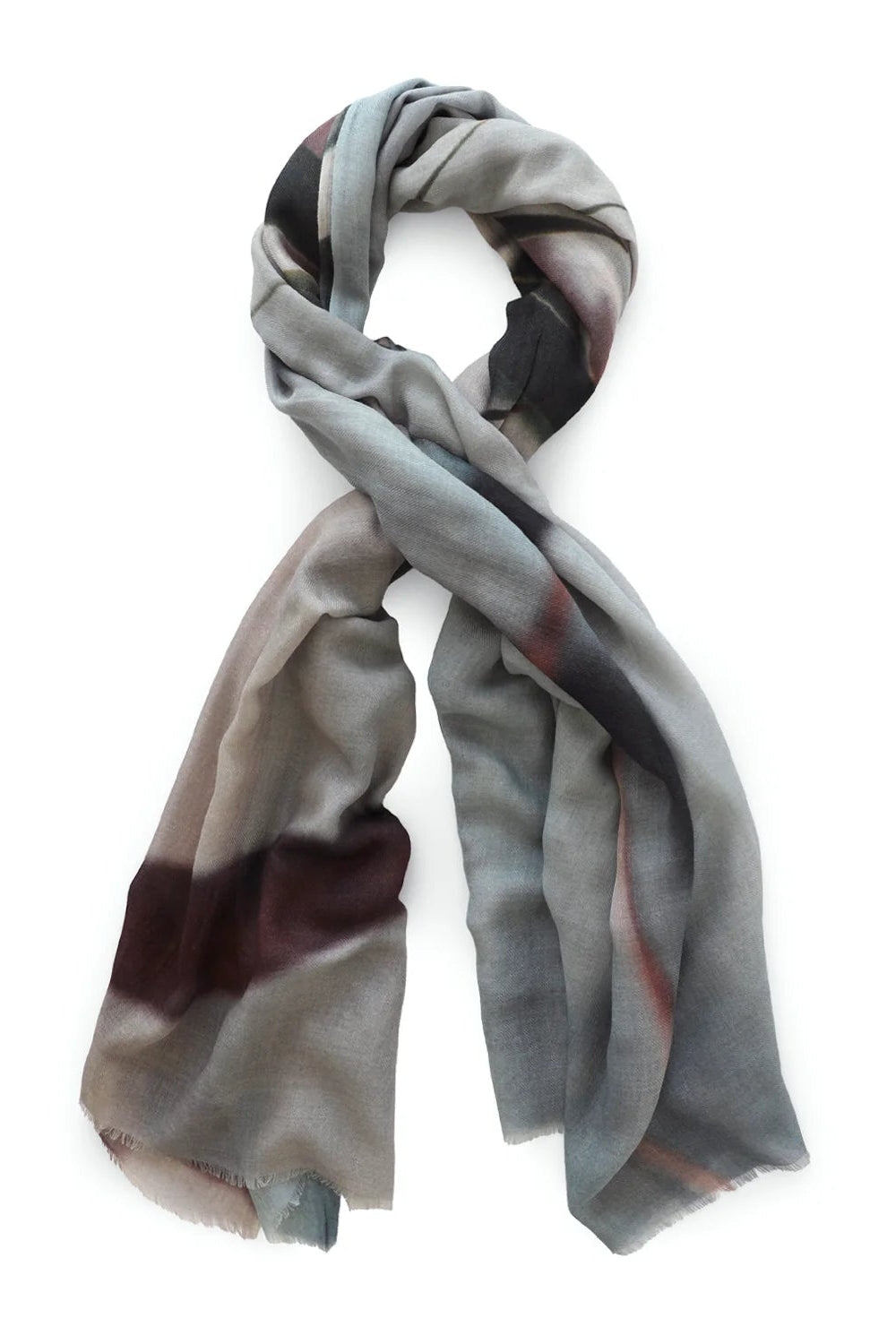 Plaid scarf with gray, brown, and red pattern on a white background
