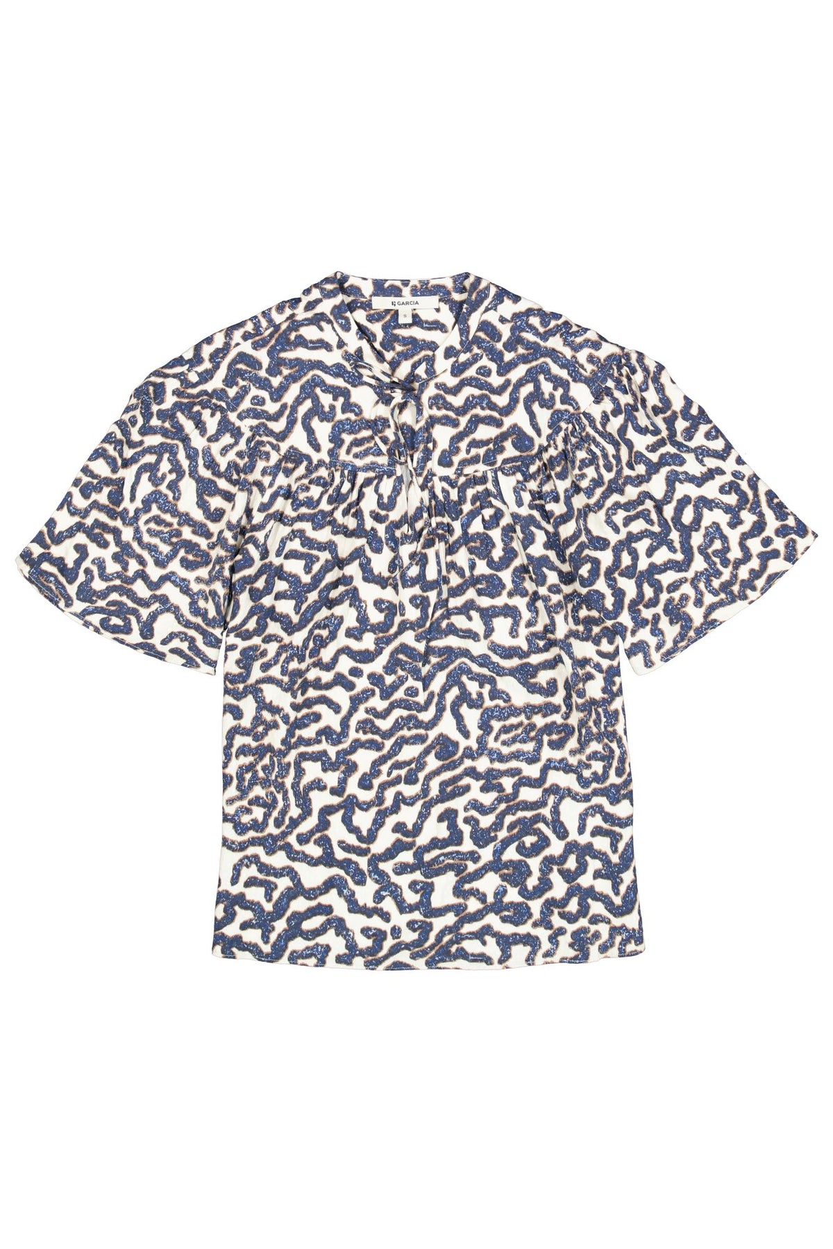 Short-sleeve shirt with a blue and white abstract pattern blouse on a white background