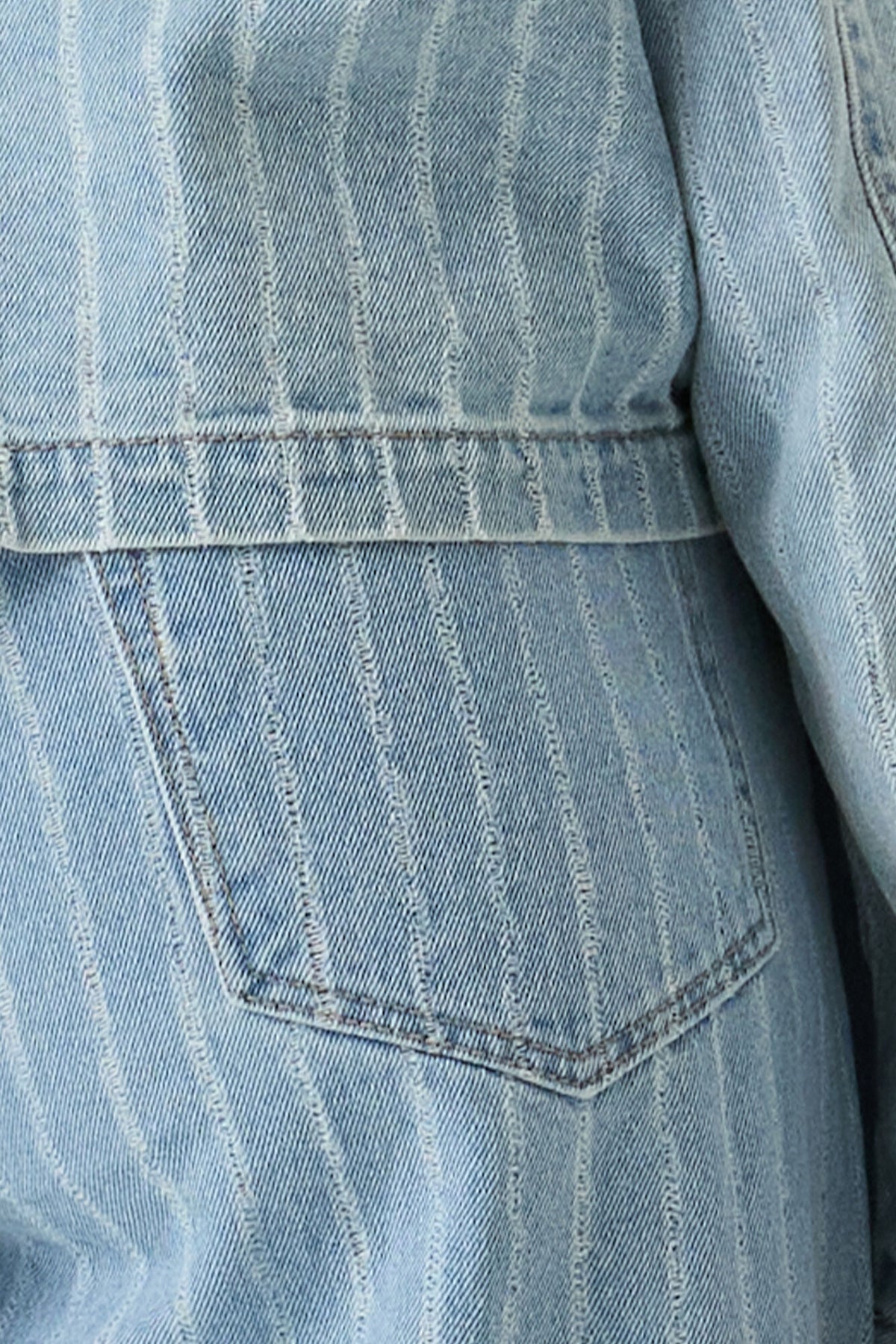 Close-up of a denim jacket and denim pants with a pocket