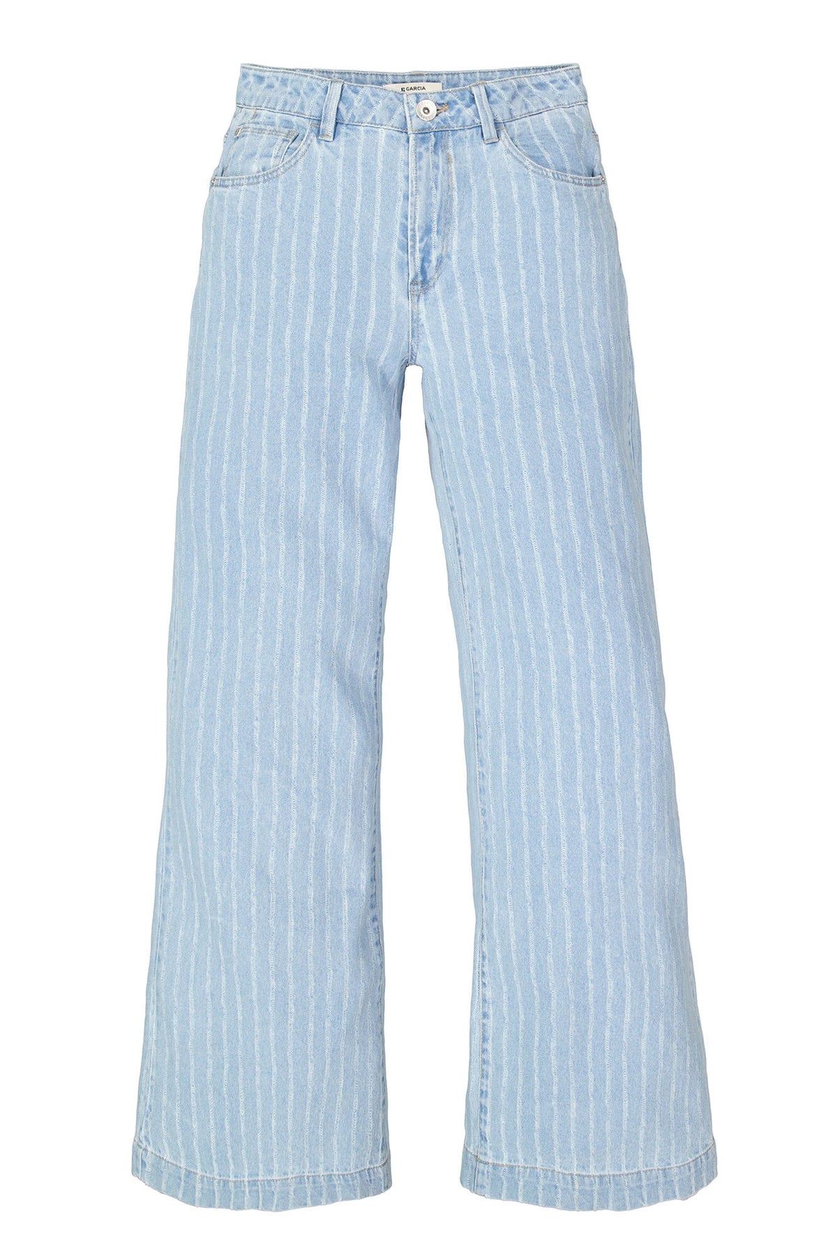 Light blue denim wide leg jeans with thin vertical white pinstripes, featuring a high waist and wide-leg silhouette, shown against a plain white background.