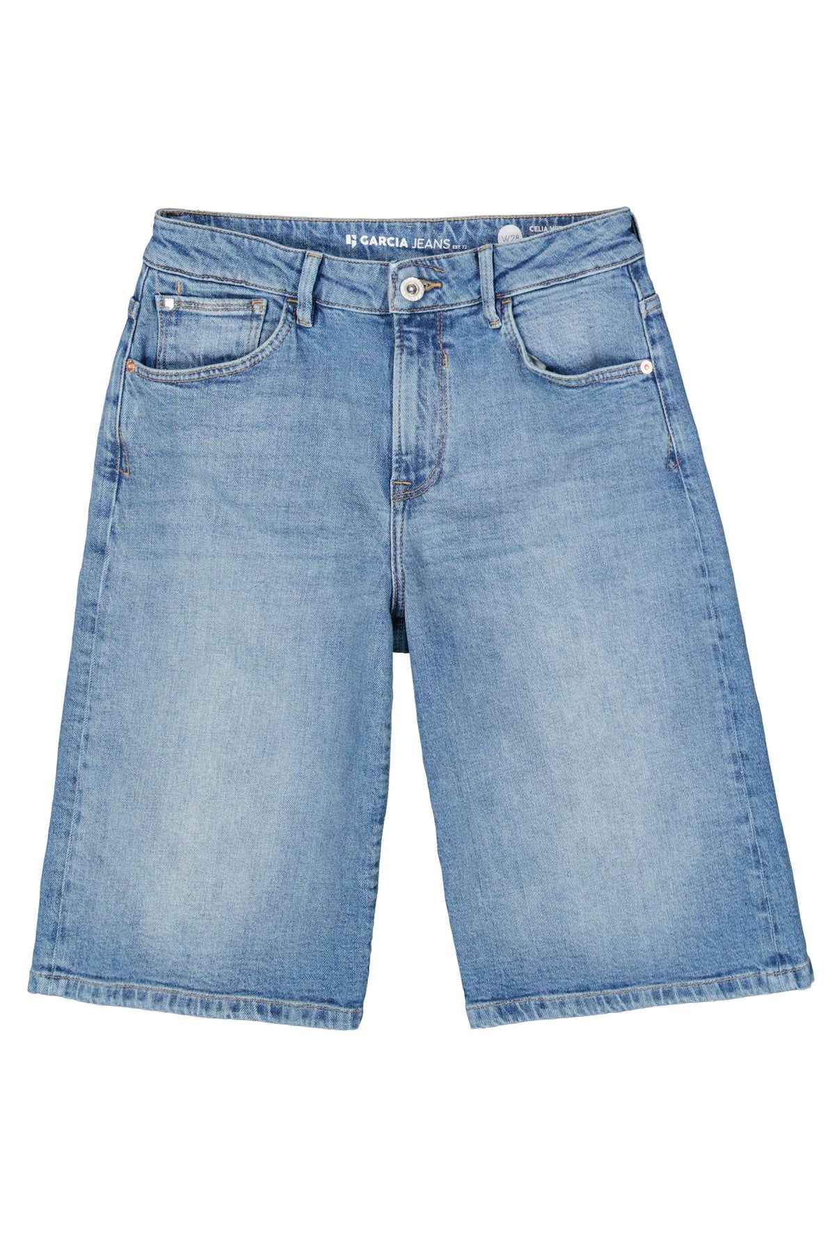 Mid blue denim Bermuda shorts on a white background