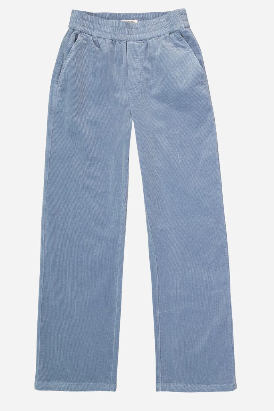 Light blue cord pants on a white background