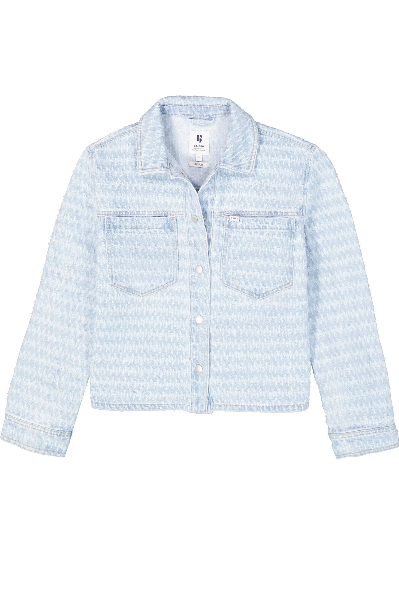 Light blue denim jacket with detailing and Garcia logo on chest pocket. 