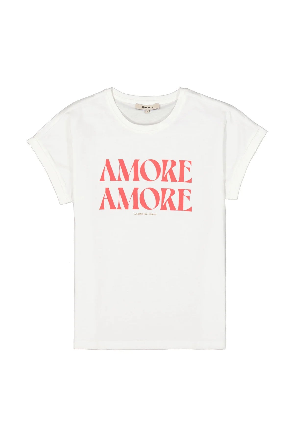 White t-shirt with 'AMORE AMORE' text in red on a white background