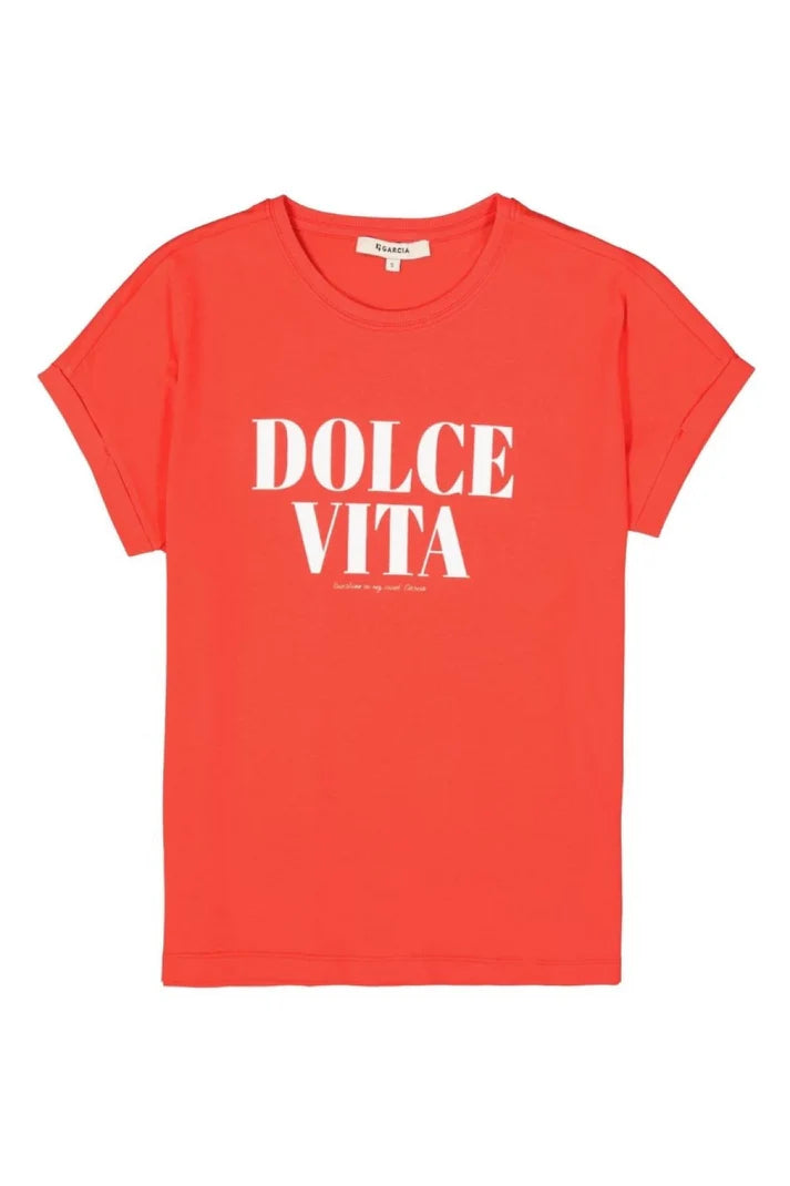 Red t-shirt with 'Dolce Vita' text on a white background