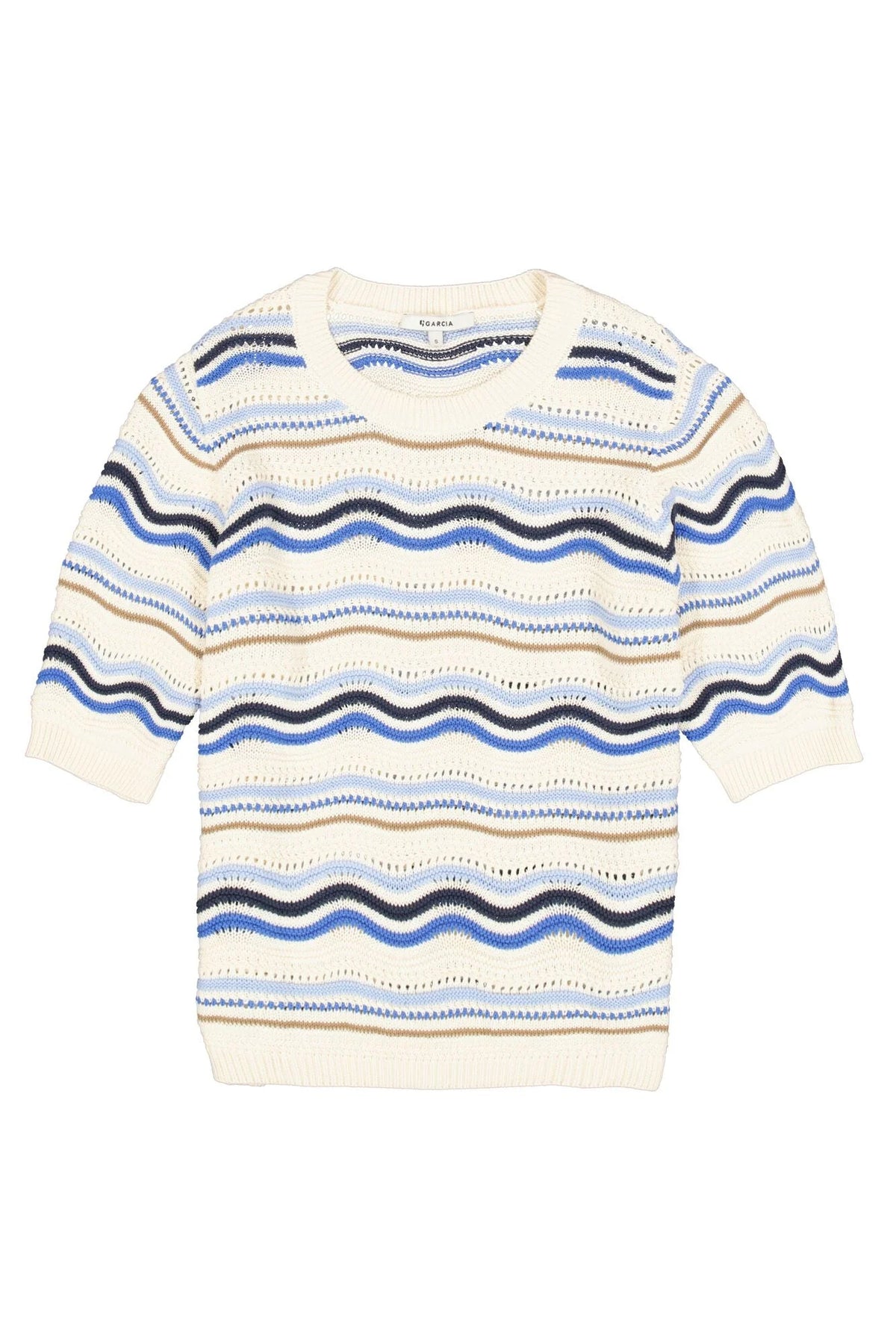 A short-sleeve knit crewneck sweater featuring horizontal wavy stripes in shades of blue, navy, beige, and black over an off-white base, displayed flat against a white background.