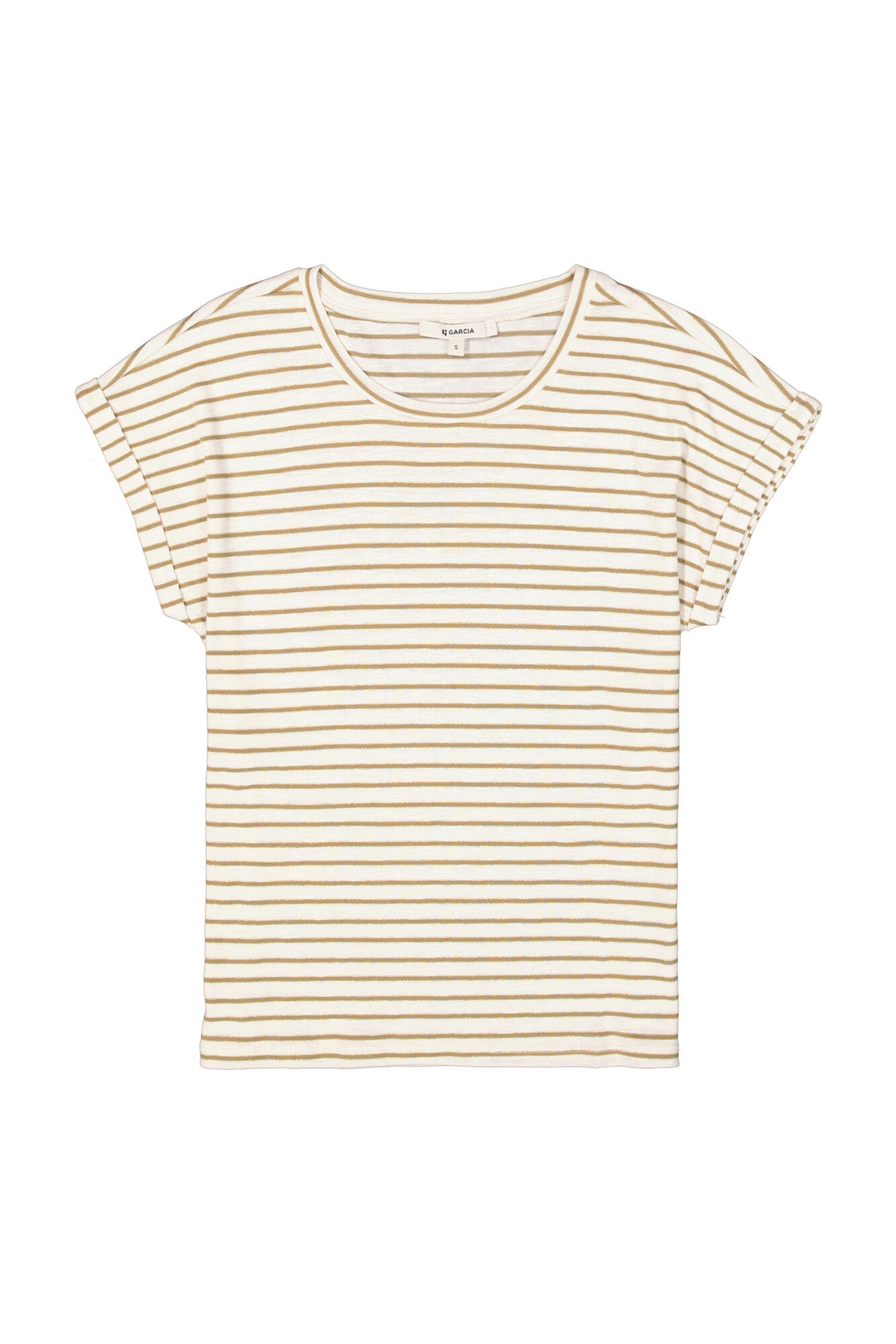 Striped t-shirt with gold and white horizontal stripes on a white background