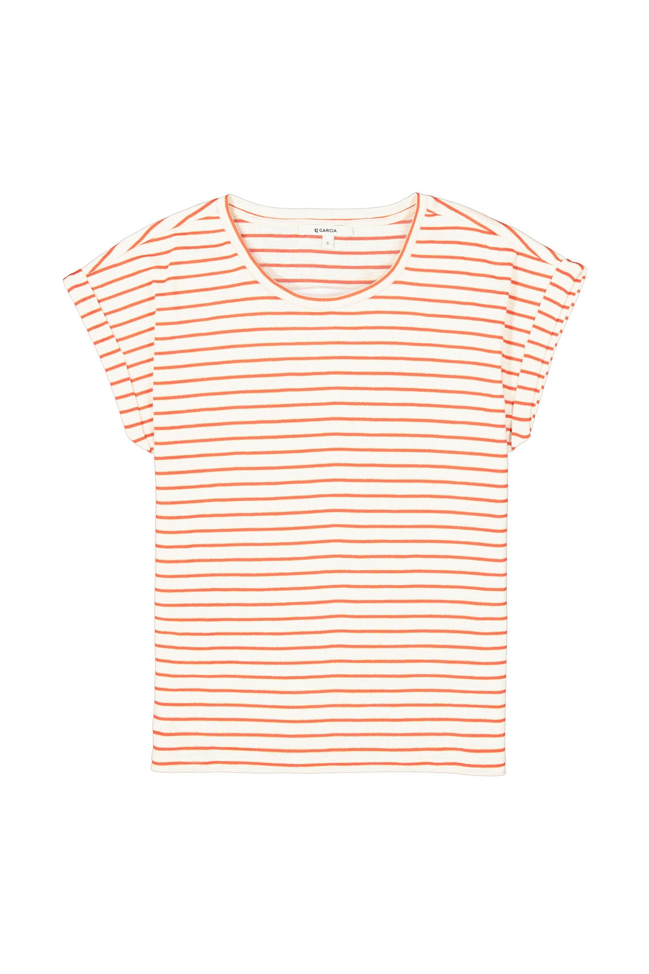 Striped t-shirt with orange and white horizontal lines on a white background