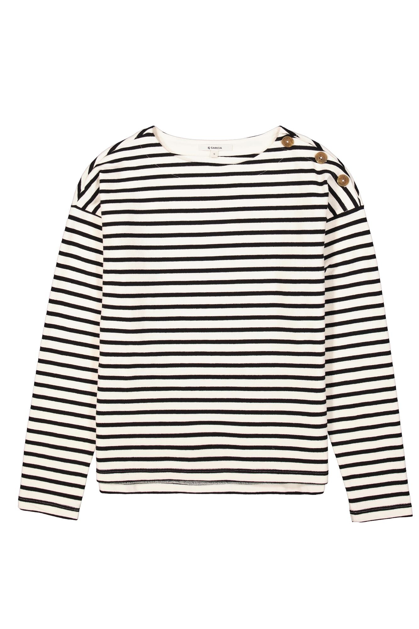 Black and white striped long-sleeve shirt on a white background