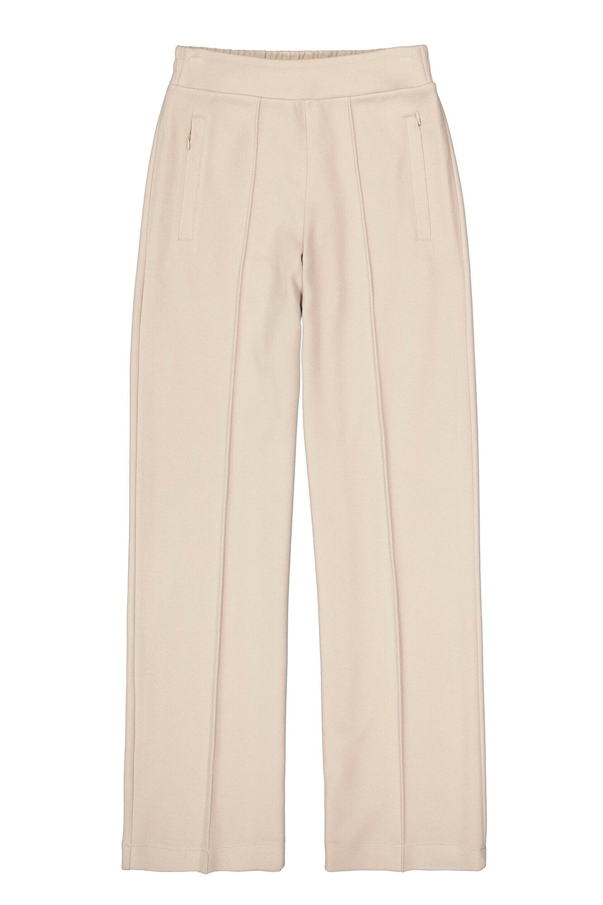A pair of high-waisted, straight-leg trousers in a light beige colour featuring subtle vertical pleats down the front of each leg and welt pockets on the hips, shown against a plain white background.