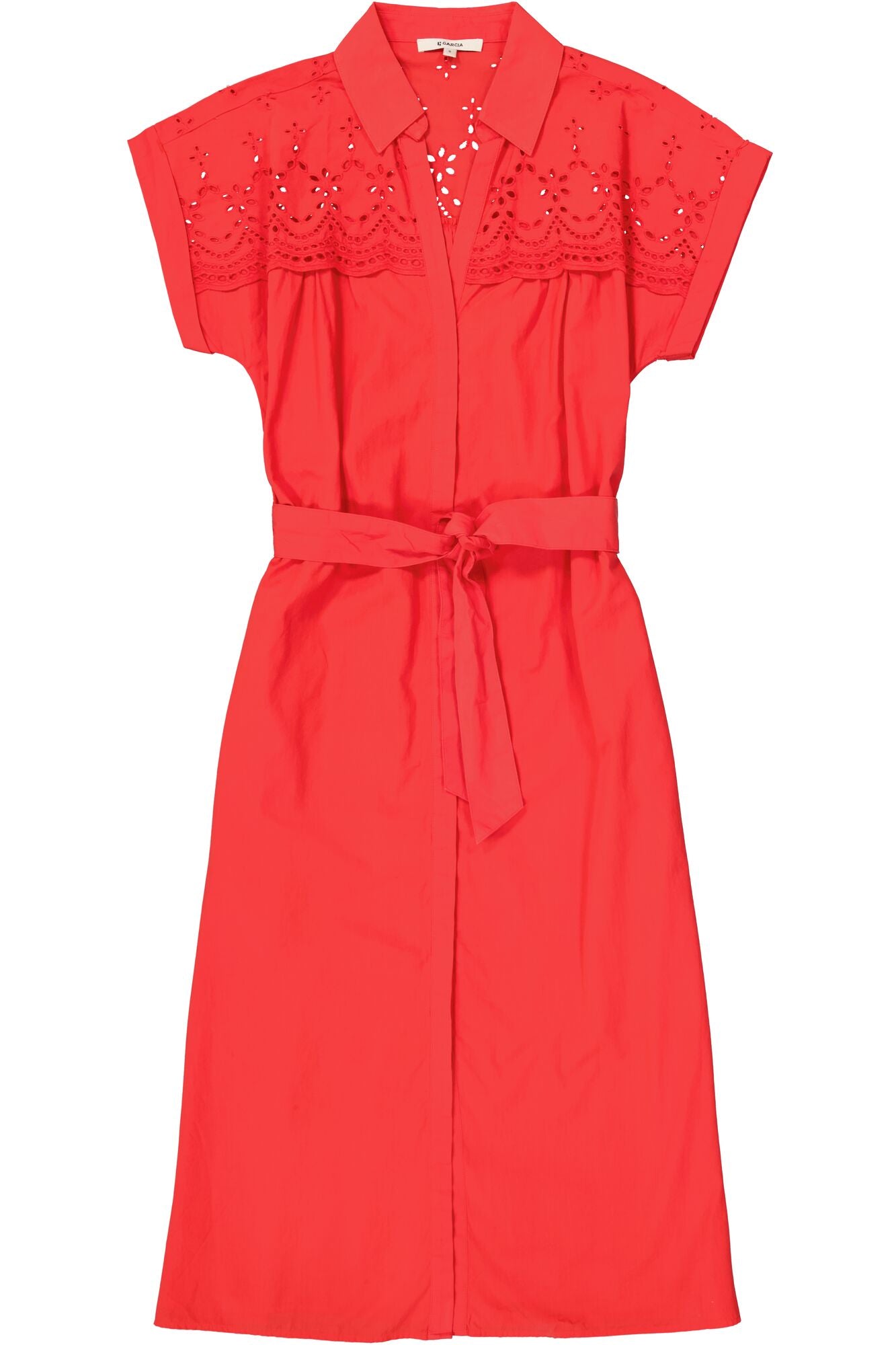 short sleeve ruby red midi dress with broderie top. on a white background. 