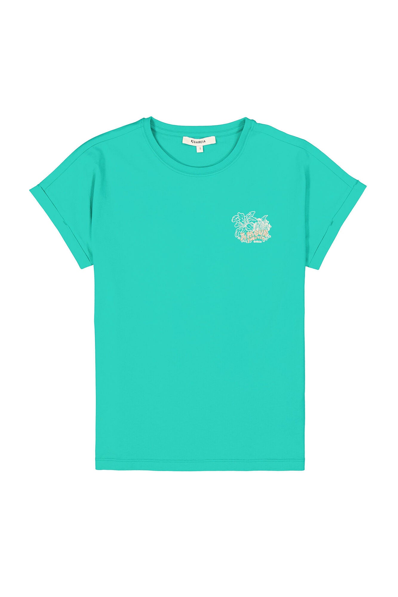 Vivid green t-shirt with a small Garica logo on a white background